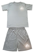 Light gray active fitness t-shirt and shorts set with MaKalu logo on black speckled floor