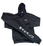 Black nylon Makalu tracksuit with hooded jacket and elastic waist pants featuring Makalu logo on chest and leg.