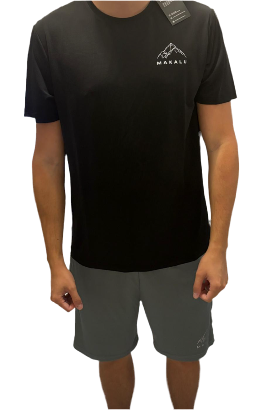 Men's black activewear t-shirt with mountain logo and grey shorts, breathable and moisture-wicking fabric for streetwear and workouts