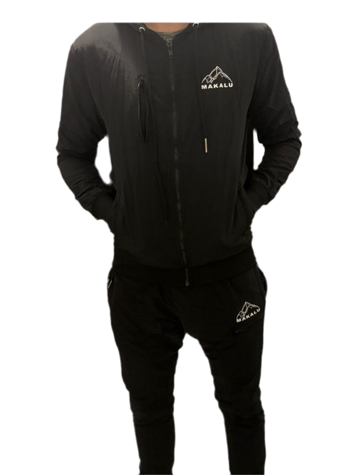 Makalu Black nylon tracksuit with zip-up jacket and matching pants featuring logo embroidery and a sleek, lightweight design